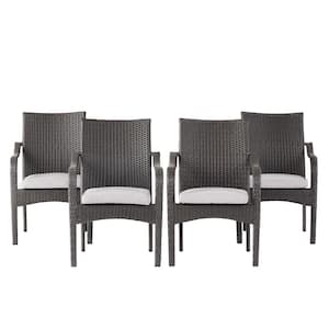 Jaxson Grey Stackable Faux Rattan Outdoor Patio Dining Chair with Silver Cushion (4-Pack)