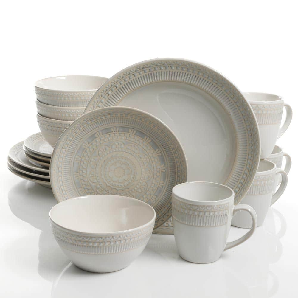 Gibson Elite Amberdale 16 Piece Patterned Cream Stoneware Dinnerware Set Service For 4 124170 8348