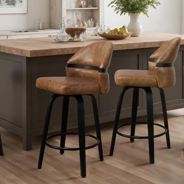 Art Leon Modern Brown Faux Leather Swivel Bar Stools with Wood Legs (Set of 2)