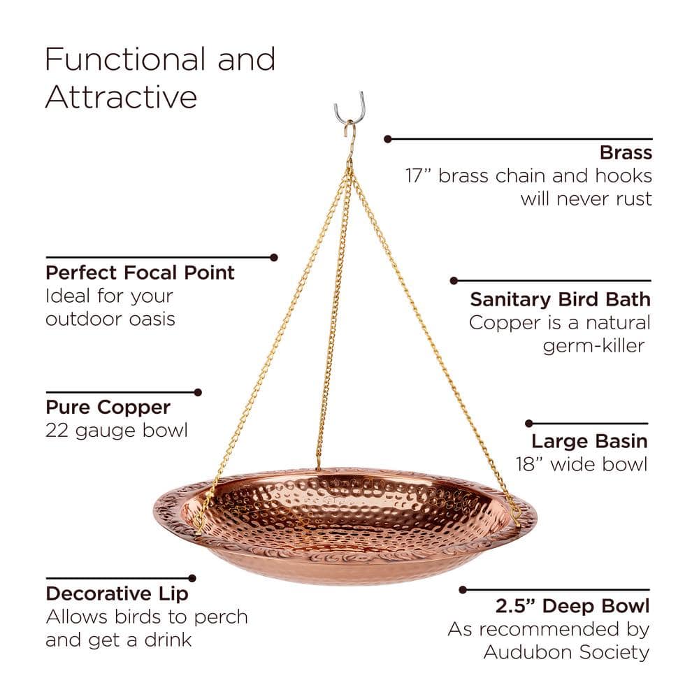 Pure Copper 18" Hanging Bird Bath with Brass Chains