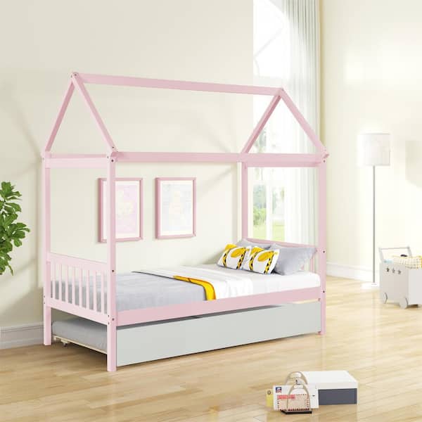 79.5in.Lx41.8in.W Pink Pine Twin Size House Kids Bed with Trundle
