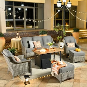 Eureka Grey 6-Piece Wicker Outdoor Patio Conversation Sofa Seating Set with a Storage Fire Pit and Dark Gray Cushions