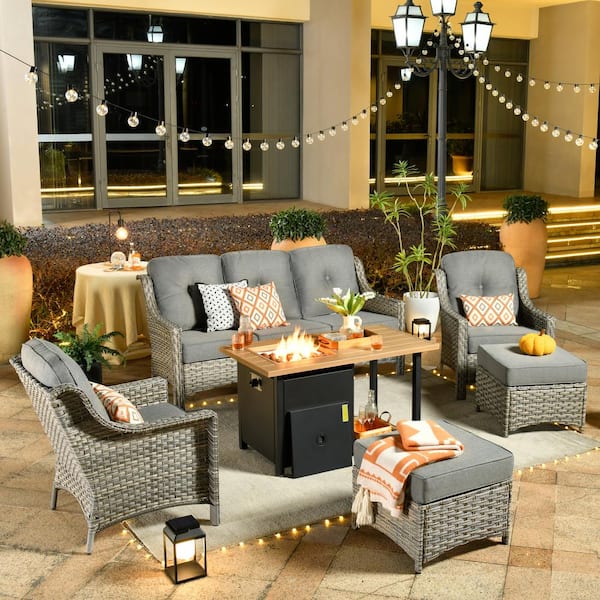Toject Eureka Grey 6-Piece Wicker Outdoor Patio Conversation Sofa Seating Set with a Storage Fire Pit and Dark Gray Cushions
