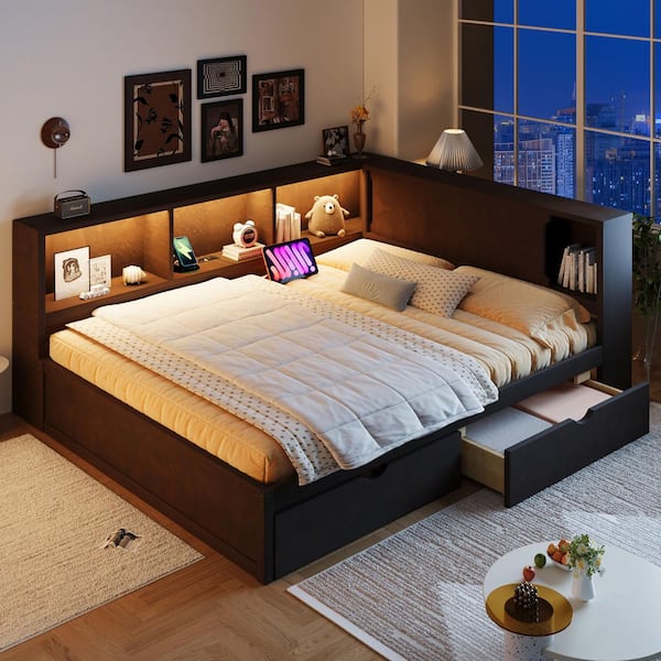 Brown Wood Queen Daybed with LED Light, USB, Socket, Shelf, Cabinet with Sliding Doors, 2 Drawers