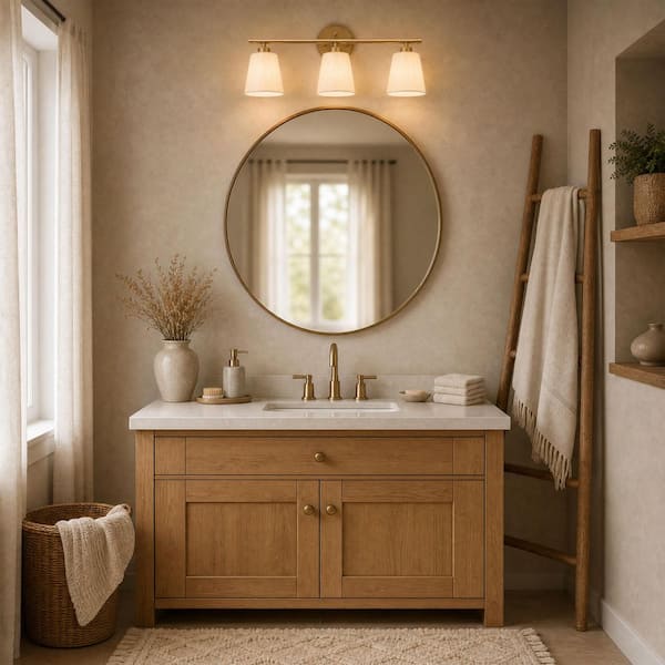 Traditional Farmhouse Gold Cone Fabric Wall Sconce, 20.1 in. 3-Light Bathroom Powder Room Vanity Light