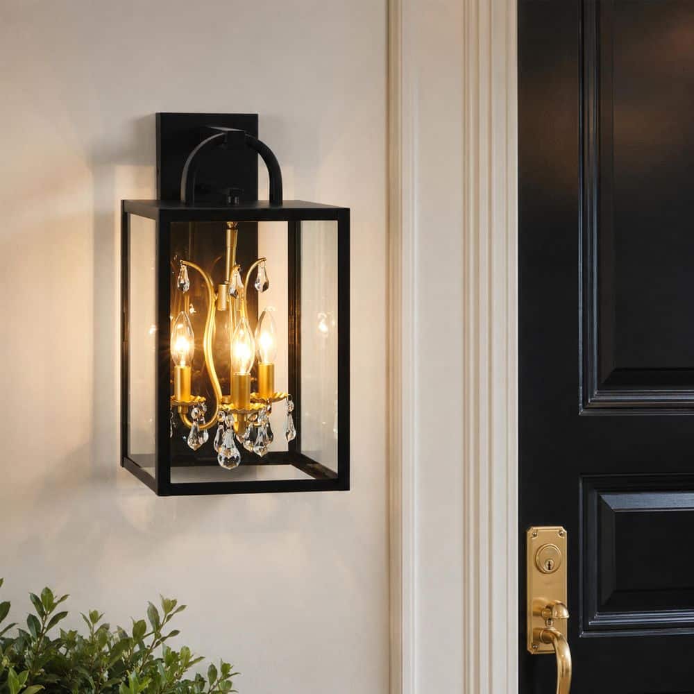 14.3 in. 3-Light Black and Gold Hardwired Outdoor Wall Lantern Sconce with Clear Glass and Crystal Drop Accents price history on PriceWatchPro