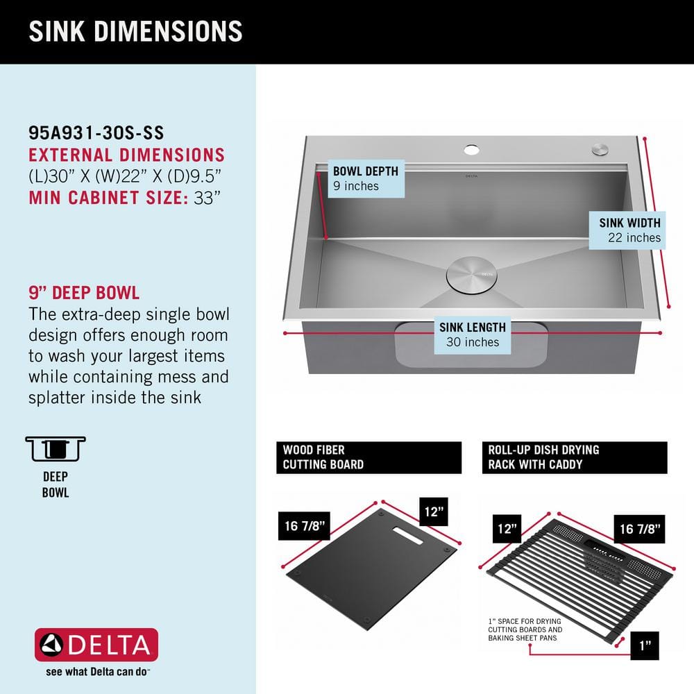 Delta 30-Inch Stainless Steel Single Bowl Workstation Kitchen Sink