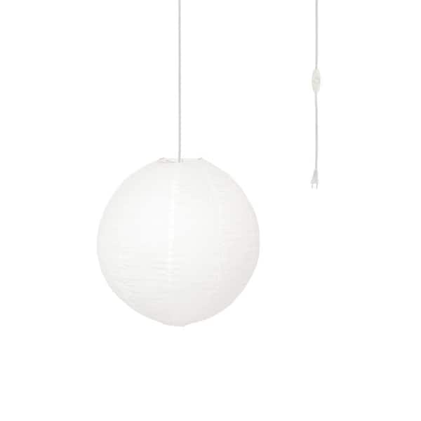 MPG Orb 16 in. 60-Watt 1-Light White Hanging Lantern Pendant-Light with Round Fabric Shade and White Plug-in
