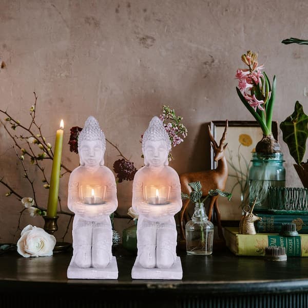 Kante 12.8 in. H Gray Cement Buddha Garden Statue Tealight Candle Holder Ornament (2-Pack)