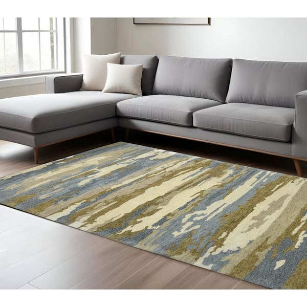 9 ft. x 13 ft. Light Blue Ivory And Brown Wool Abstract Hand Tufted Area Rug