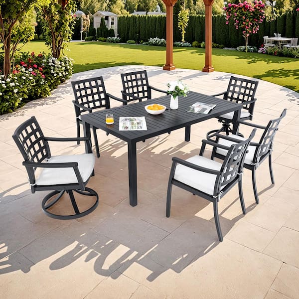 7 Piece Aluminum Outdoor Dining Set with a Rectangular Table, 4 Stationary, 2 Swivel Rockers, White Cushions, Black