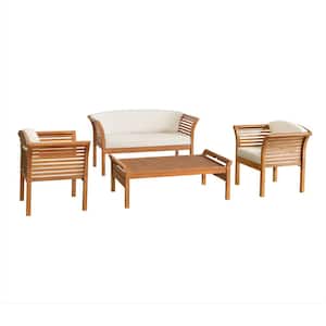 Stamford 4-Piece Eucalyptus Wood Outdoor Patio Conversation Set with 2 Chairs, Bench and Coffee Table