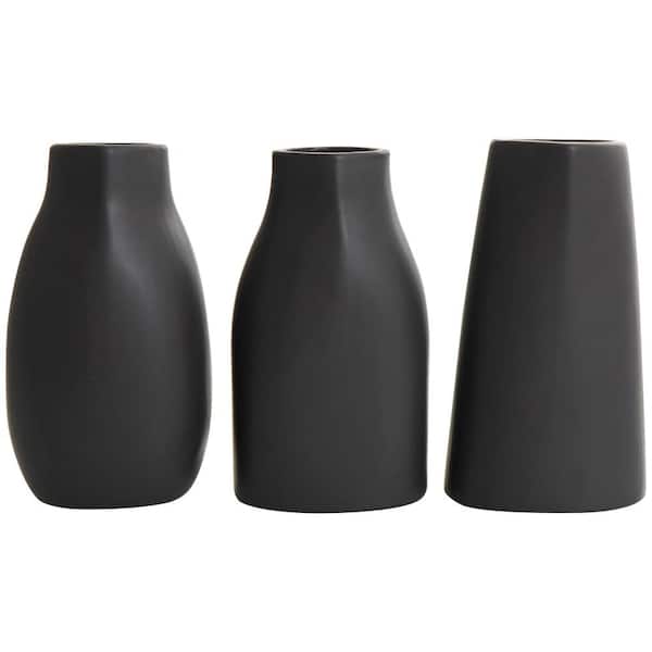 Litton Lane Black Minimalistic Dimensional Ceramic Decorative Vase with Varying Shapes (Set of 3)
