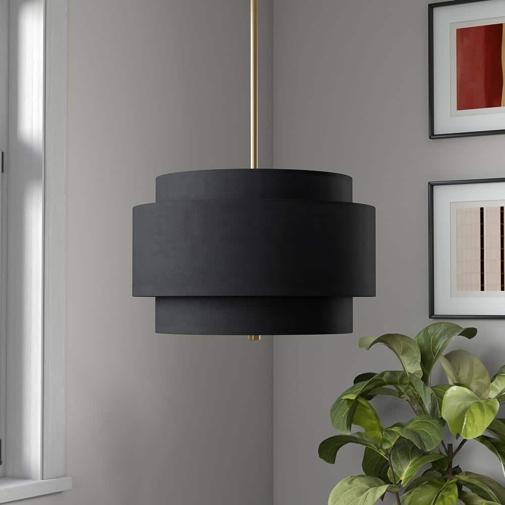 Brass and Black Double Drum Pendant Light with Fabric Shade