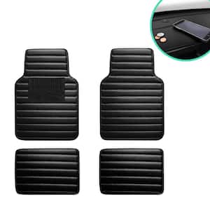 Black 4-Piece Luxury Universal Liners Heavy Duty Anti-Slip Backing Faux Leather Striped Car Floor Mats