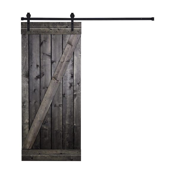 AIOPOP HOME Z-Bar Serie 36 in. x 84 in. Charcoal Black Stained Knotty Pine Wood DIY Sliding Barn Door with Hardware Kit