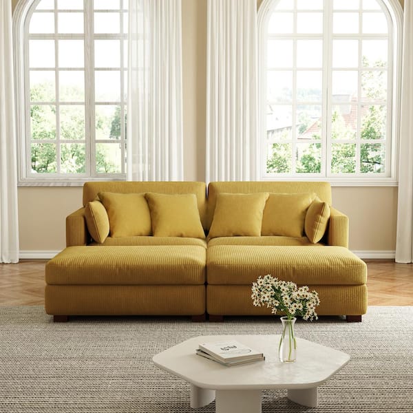 88 in. W Modern Square Arm Corduroy Upholstered Sectional Sofa in Orange with 4-Square Pillows