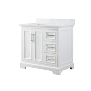 36in. W x 22 in. D x 34.3 in. H Single Sink Freestanding Bath Vanity in White with White Carrara Marble Top