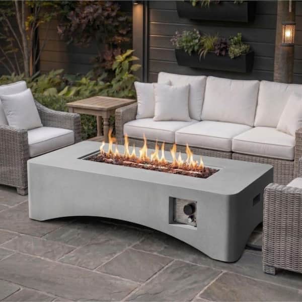 56 in. Light Gray Concrete Propane Fire Pit Table, 50,000 BTU Rectangular Gas Patio Heater with Lava Rocks