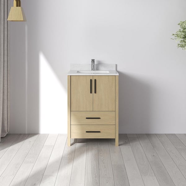Nodus 24 in. W x 22 in. D x 34 in. H Single Sink Freestanding Bath Vanity in Oak with White Carrara Cultured Marble Top