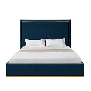 Aksel Navy Queen Size Platform Bed Upholstered Velvet