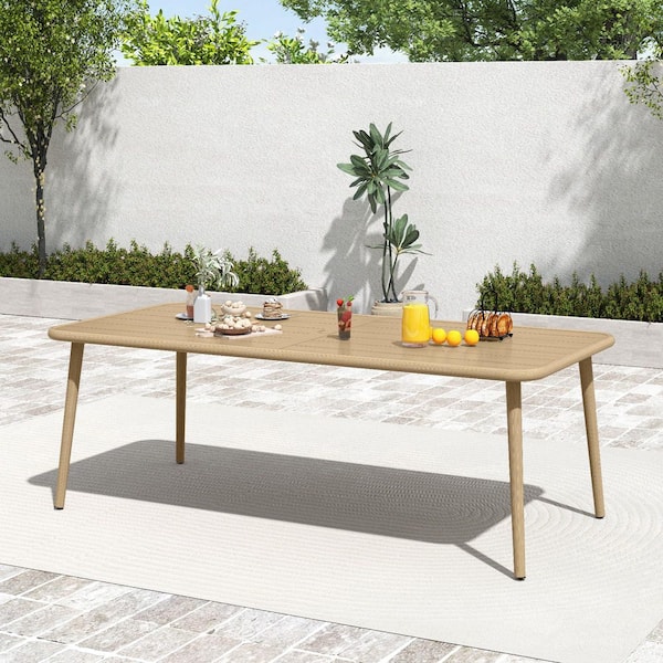 Serene Recline Natural Wood Grain Aluminum Outdoor Dining Table with Umbrella Hole