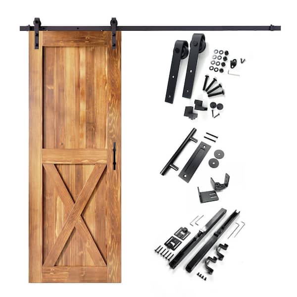 HOMACER 32 in. x 84 in. X-Frame Early American Solid Pine Wood Interior Sliding Barn Door with Hardware Kit, Non-Bypass
