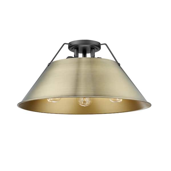 Golden Lighting Orwell 18.75 in. 3-Light Matte Black and Aged Brass Flush Mount