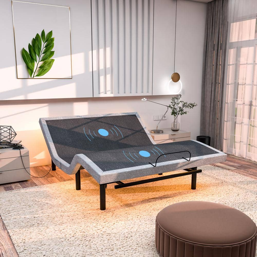 Adjustable Gray Bed Frame Full USB, Dual Massage, Under-Bed Light, App Control, Head and Foot Incline Platform Bed -  Renanim