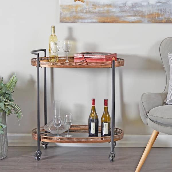 Litton Lane 34 in. H Brass Rolling 2 Mirrored Shelves Bar Cart with Handle
