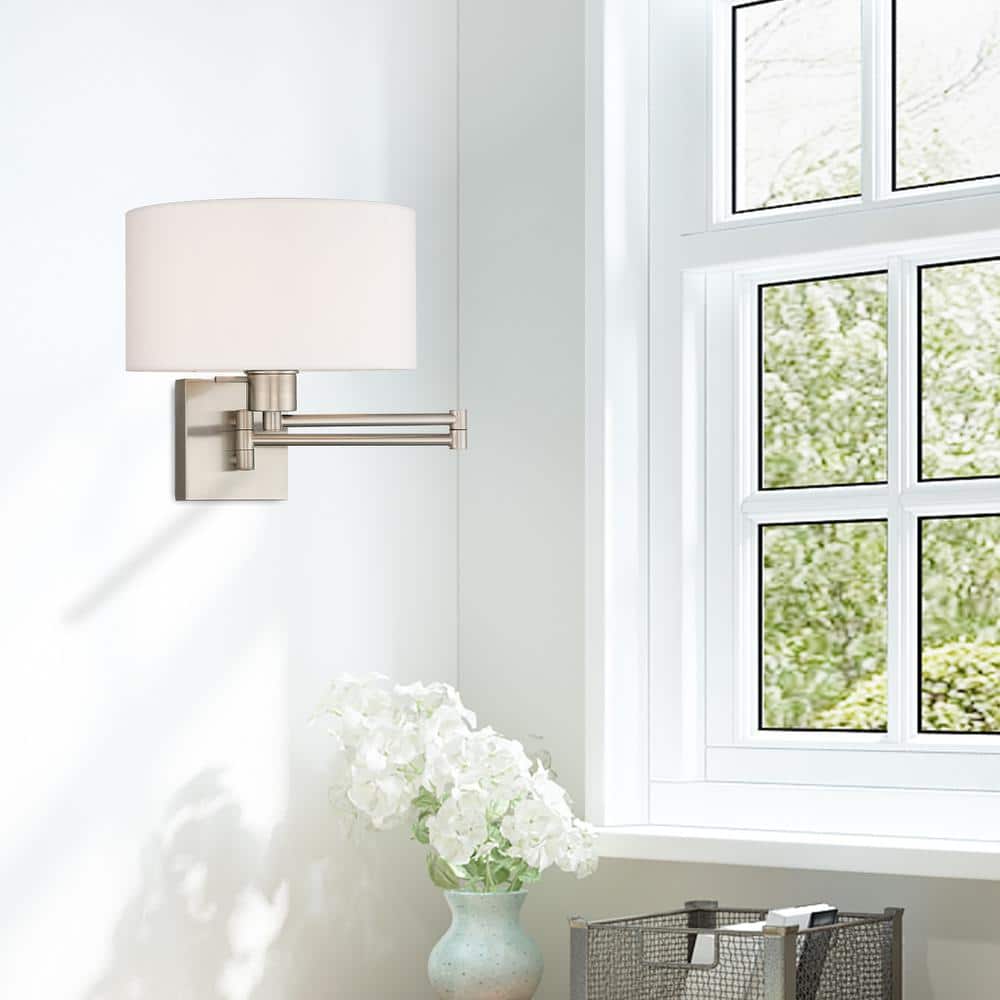 Brushed Nickel Swing Arm Wall Lamp with Off-White Fabric Shade
