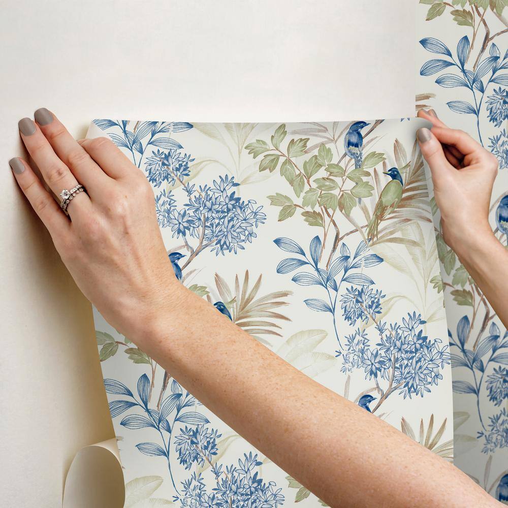 Green and Blue Handpainted Songbird Peel & Stick Wallpaper