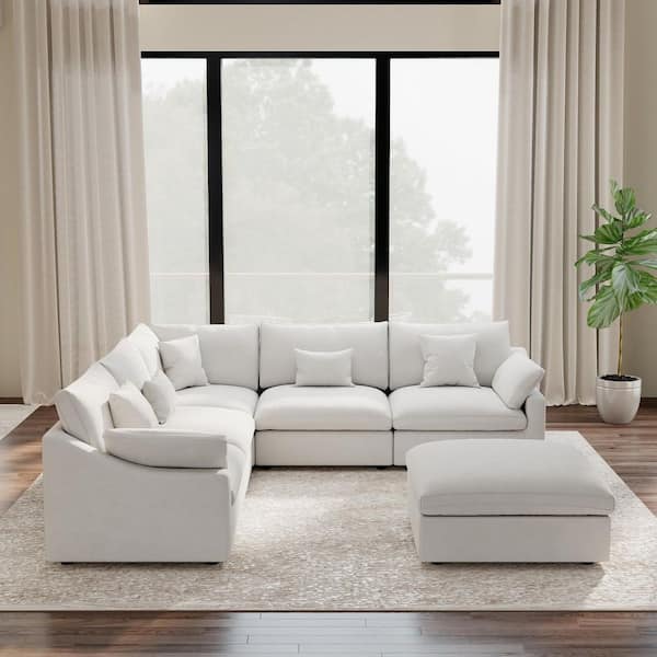 119.19 in. Square Arm 6-Piece Linen Down Feather Modular Free Combination Sectional Sofa with Ottoman in. White