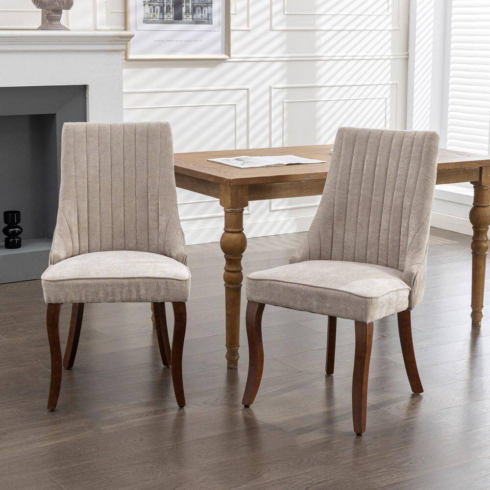 Rustic Beige Flocking Velvet Channel Upholstered Dining Chairs Set of 2 with Curved Solid Wood Legs for Dining Room price history on PriceWatchPro