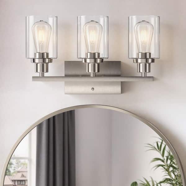 16.9 in. 3-Light Brushed Nickel Vanity Light with Clear Glass Shades and Rectangular Backplate