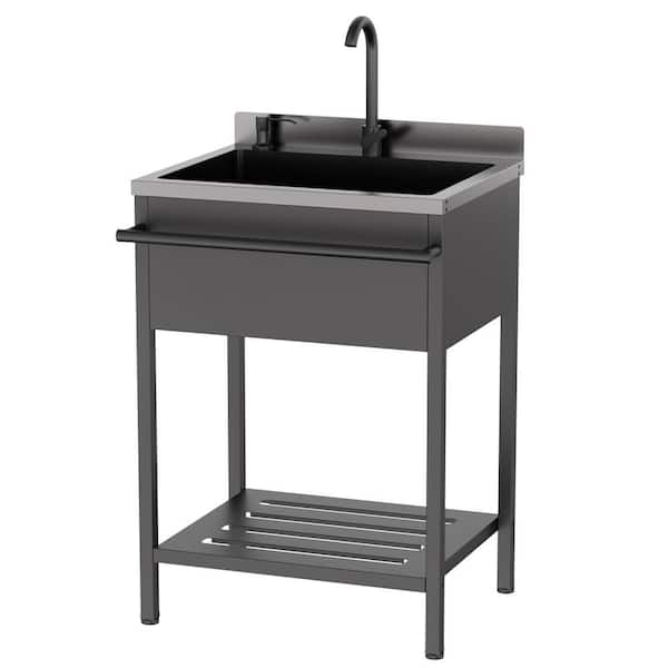 25.7 in. Freestanding Stainless Steel Utility Sink Laundry/Utility Sink in Black with Towel Rack and Storage Shelf