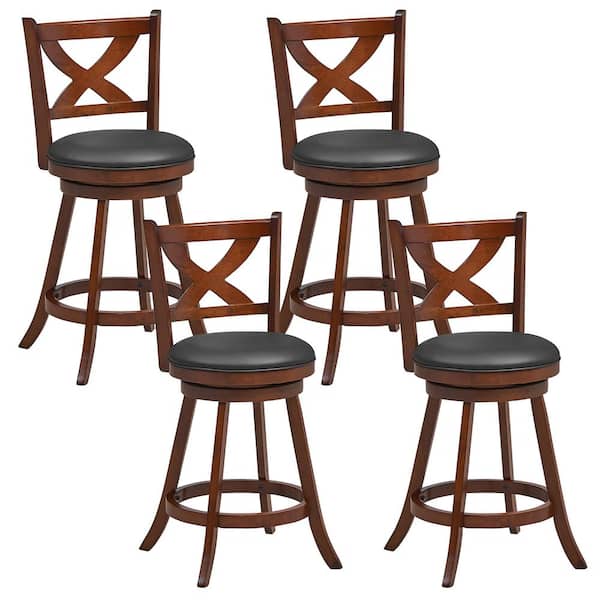 Gymax 24 in. Swivel Wooden Bar Stools Set of 4 Counter Height Bar Chairs withHigh Backrest