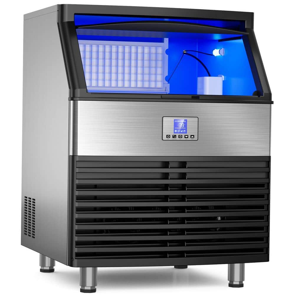 450 lb. 26 in. Width Commercial Freestanding Ice Maker 120 lbs. Large Storage in Stainless Steel Full Size Cubes Silver