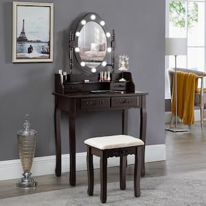 29.5 in. W x 16 in. D x 57.5 in. H Brown Makeup Vanity Dressing Table Set with 10-Dimmable Bulbs Cushioned Stool