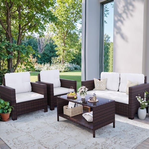 Tozey Black 4-Pieces PE Wicker Patio Conversation Set, Outdoor Couch Sectional Set with Glass Table, Beige Cushions