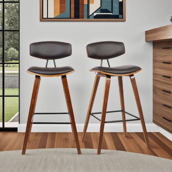 Armen Living Fox 28.5 in. Mid-Century Bar Height Bar Stool in Brown Faux Leather with Walnut Wood