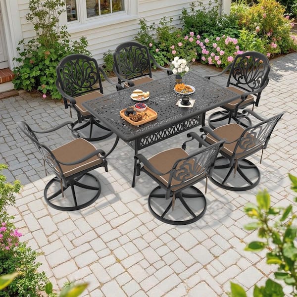 7-Piece Black Cast Aluminum Patio Outdoor Dining Set with Rectangular Table and 6 Swivel Chairs with Brown Cushions