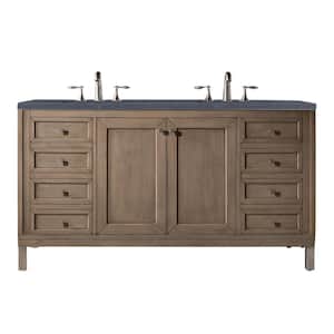 Chicago 60 in.W  x 23.5 in. D x 33.8 in. H Double Vanity in Whitewashed Walnut with Quartz Top in Charcoal Soapstone