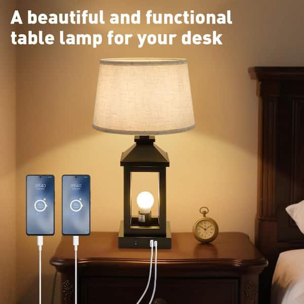 52 in. Black LED Table Lamp Interior Lighting with Linen Shade and USB Port , 2 Bulb Included