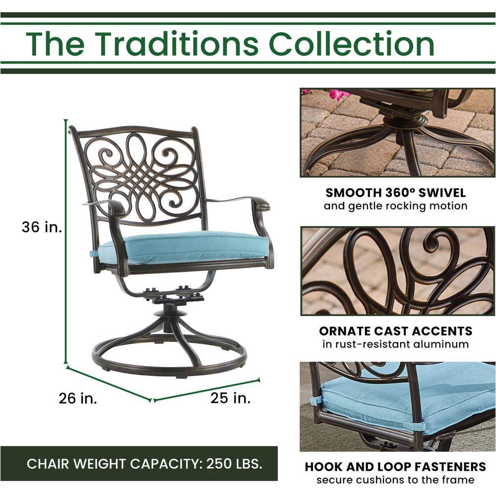 Bronze Aluminum Outdoor Dining Set with Blue Cushions