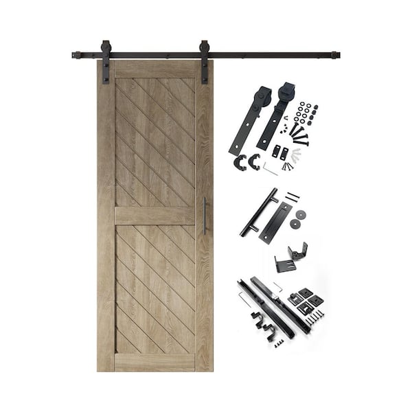 HOMACER XT2 30 in. x 80 in. C-Panel Classic Gray Slanted Stripe Design Solid Pine Wood Sliding Barn Door with Hardware Kit