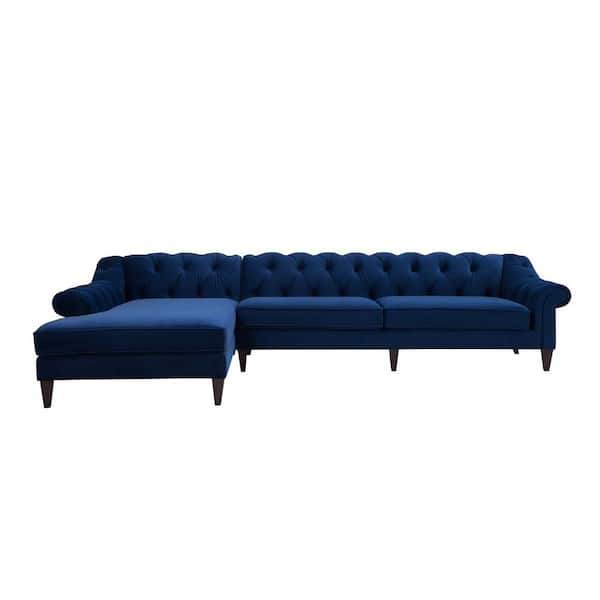 Jennifer Taylor Alexandra Navy Blue Button-Tufted Linen 4-Seater L-Shaped Left-Facing Chaise Chesterfield Sectional Sofa