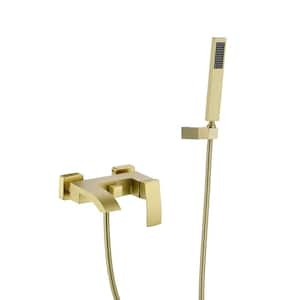 Single-Handle Wall-Mount Roman Tub Faucet, Bath Tub Filler Faucet 0.59 GPM with Handheld Shower Head in. Brushed Gold