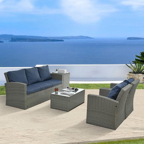 Sudzendf 5-Piece Wicker Rattan Outdoor Sectional Sofa Set with Blue Cushions