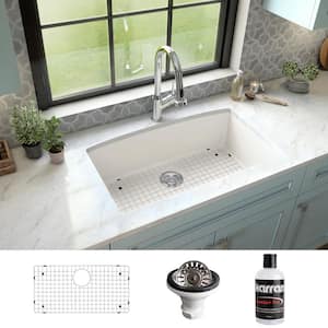QU-712 Quartz/Granite 32 in. Single Bowl Undermount Kitchen Sink in White with Bottom Grid and Strainer